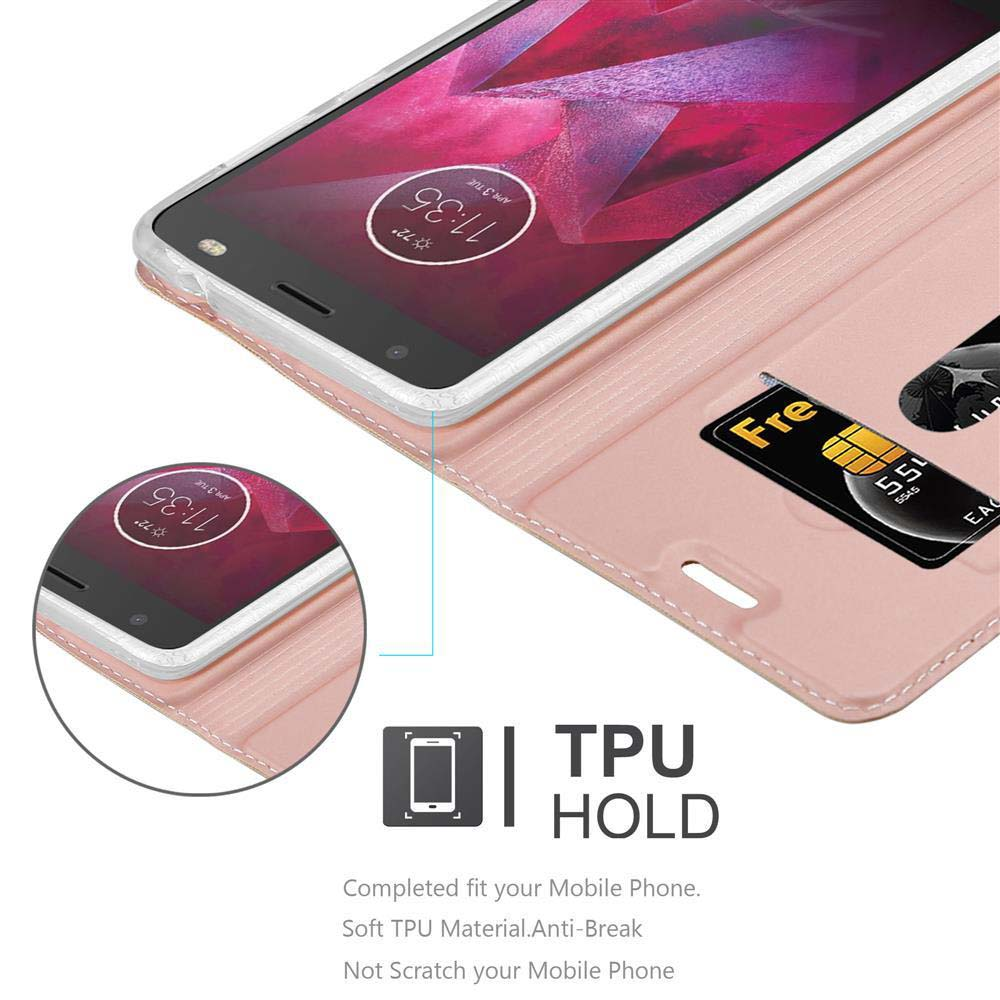 Un telefono è in una custodia rosa con una carta di credito. Testo: Supporto TPU.