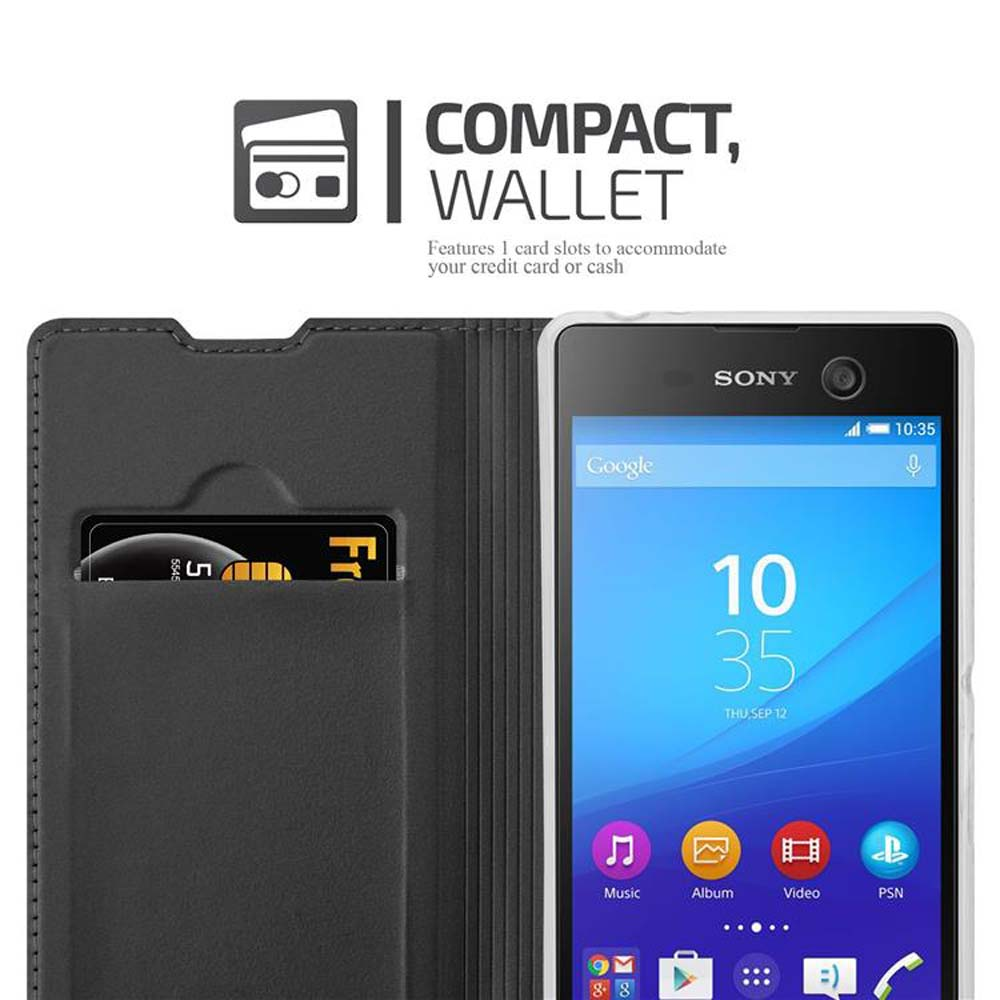 Teléfono dentro de una cartera compacta negra. Las ranuras para tarjetas son visibles. Texto compacto, cartera. Teléfono Sony.