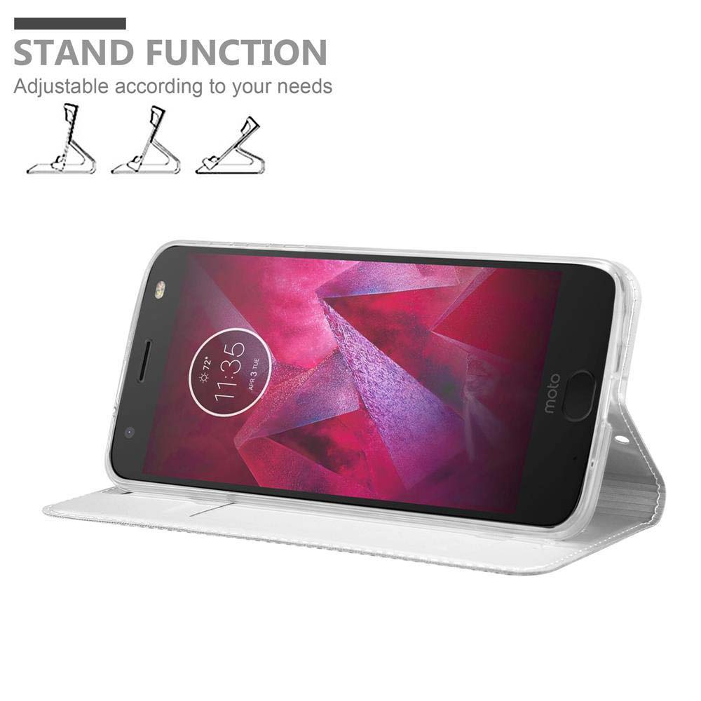 Telefono in una custodia, che mostra la funzione supporto, con la scritta 'STAND FUNCTION'.