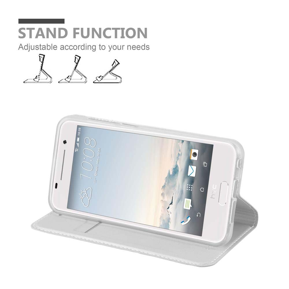 Telefono bianco in custodia bianca, mostrato su custodia bianca. Il testo dice 'Stand Function'.