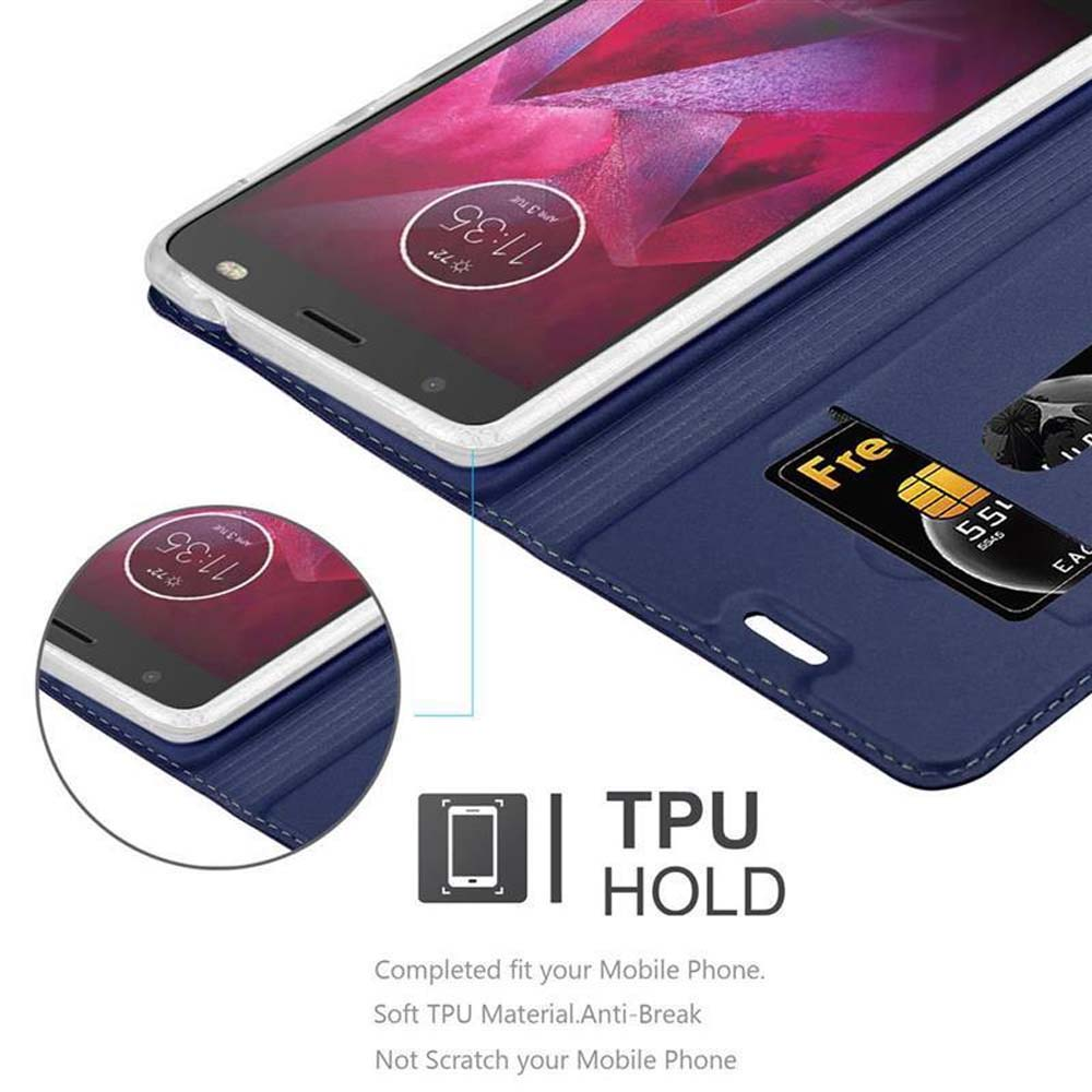Telefono in custodia blu, mostra lo schermo e una carta. Testo: TPU Hold. Vestibilità completa per il tuo telefono.