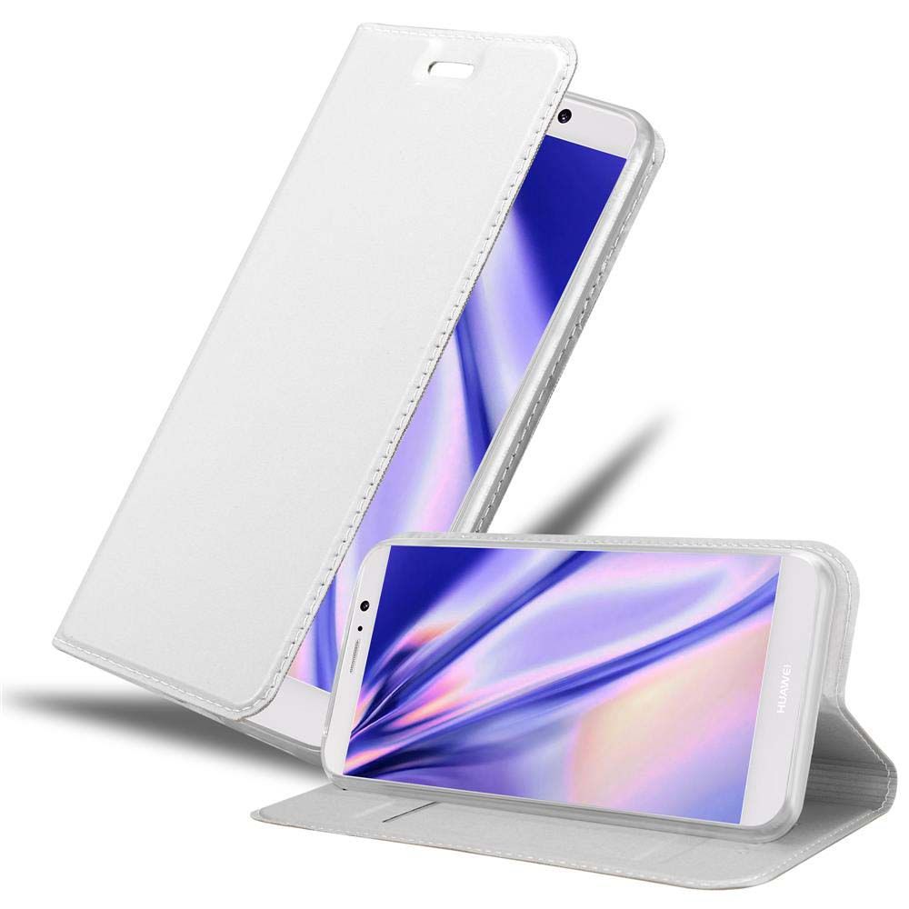 Teléfono blanco en funda blanca abatible, abierto. Otro teléfono está de pie.