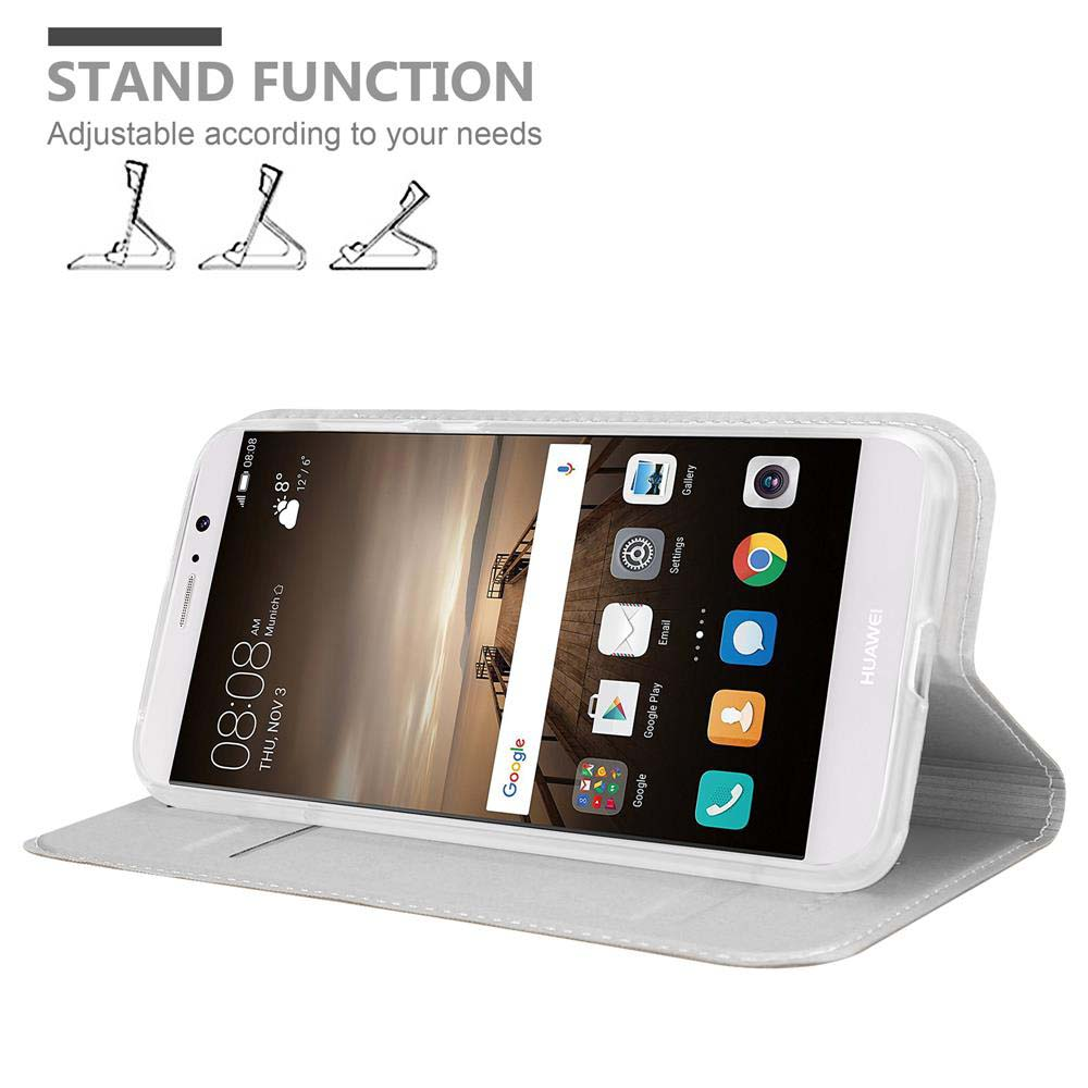 Teléfono en funda gris, de pie. Texto: Función Soporte. Pantalla del teléfono visible, mostrando la pantalla de inicio.