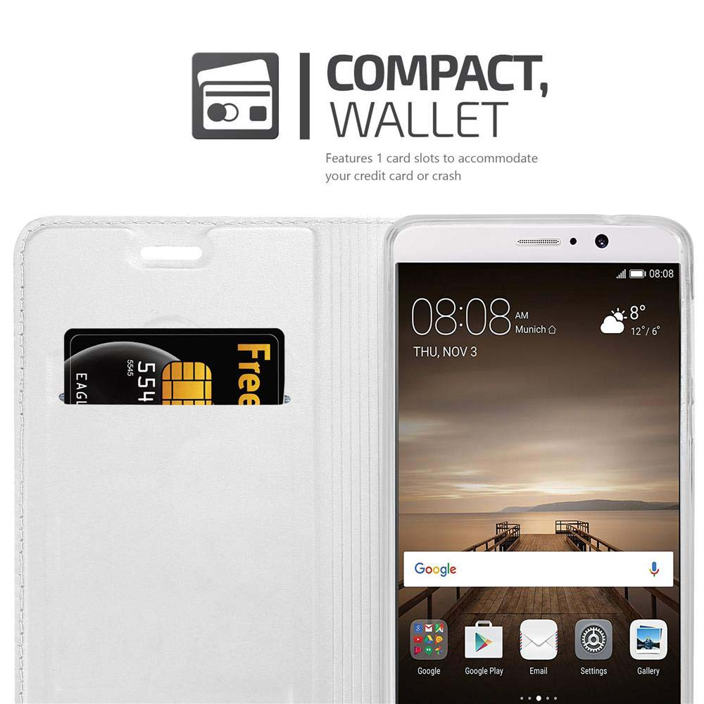 Teléfono en una funda blanca con ranura para tarjeta de crédito. Un teléfono es visible dentro.