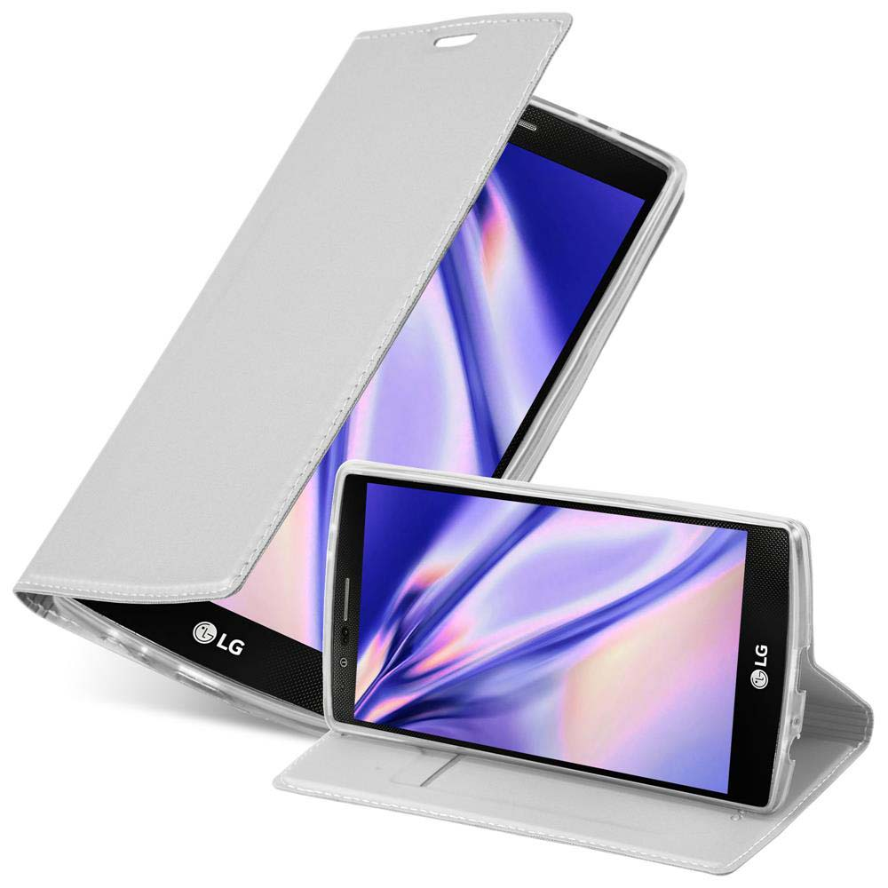 Due custodie bianche per telefono, una aperta, con un telefono dentro. Logo LG visibile.