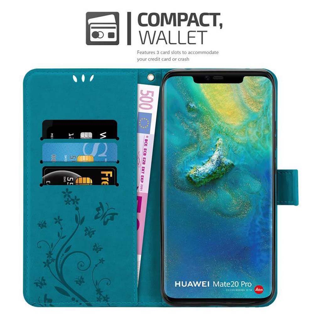 Custodia turchese con tre slot per carte, banconota da 500 euro e display del telefono.