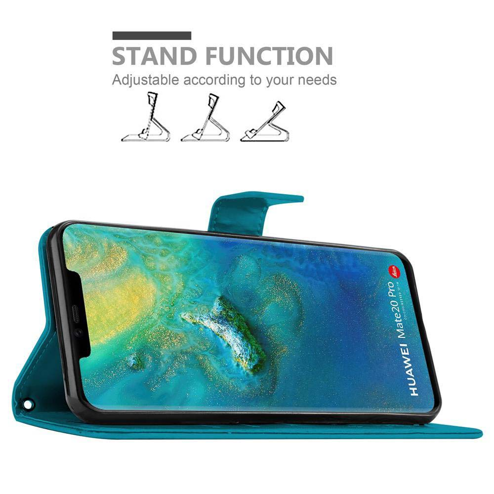 Custodia per telefono color verde acqua con telefono all'interno, che mostra un'immagine di paesaggio sullo schermo.