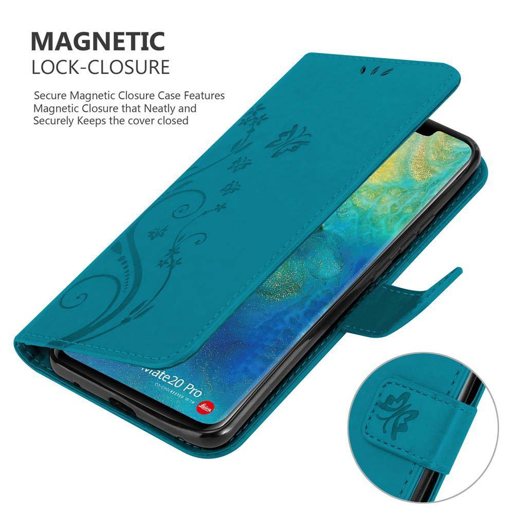 Custodia telefono verde acqua aperta, mostra smartphone. Custodia con design floreale. Telefono mostra immagine colorata.