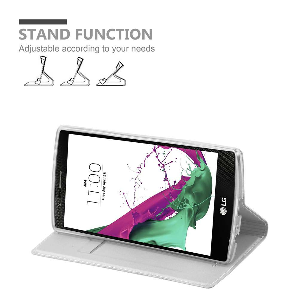 Telefono in una custodia bianca, che mostra lo schermo. Funzione stand, regolabile in base alle tue esigenze.