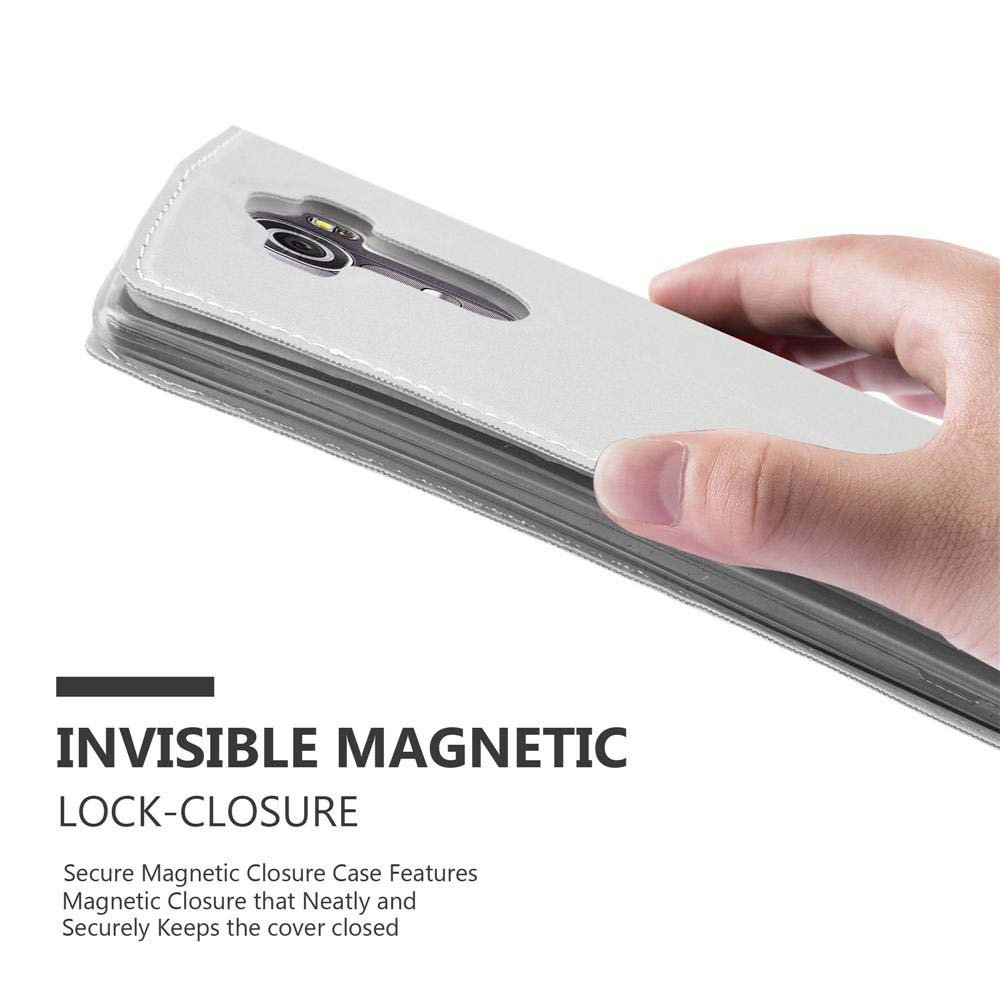 Mano che tiene una custodia bianca per telefono. Testo: Chiusura magnetica invisibile. Telefono e custodia bianchi.