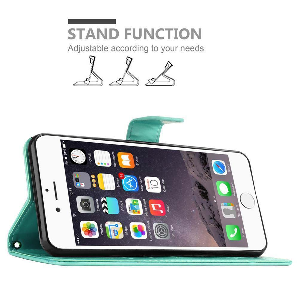 Telefono in custodia su un supporto, schermo mostra icone. Testo: Funzione stand. Regolabile.