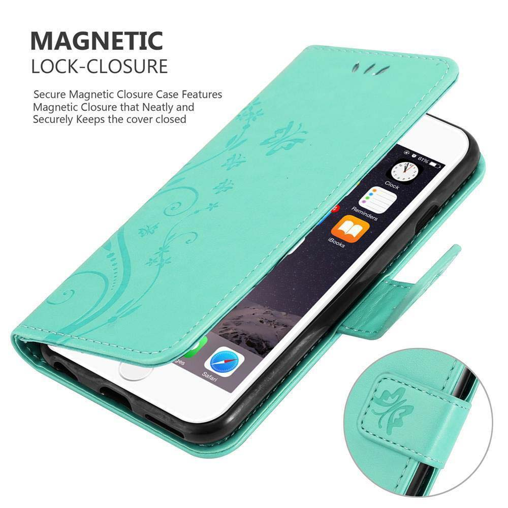 Custodia verde menta con telefono all'interno. Chiusura magnetica.