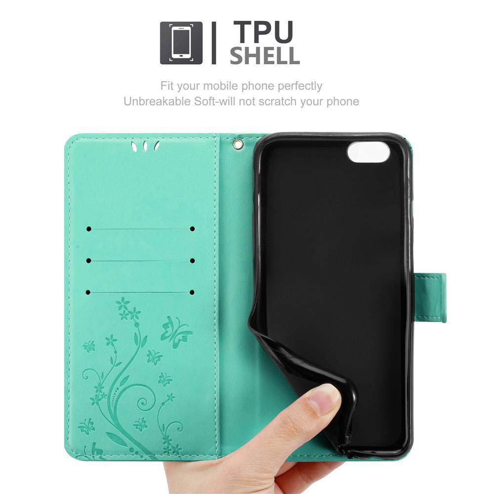 Custodia per telefono aperta, che mostra il telefono, interno verde con motivo floreale.