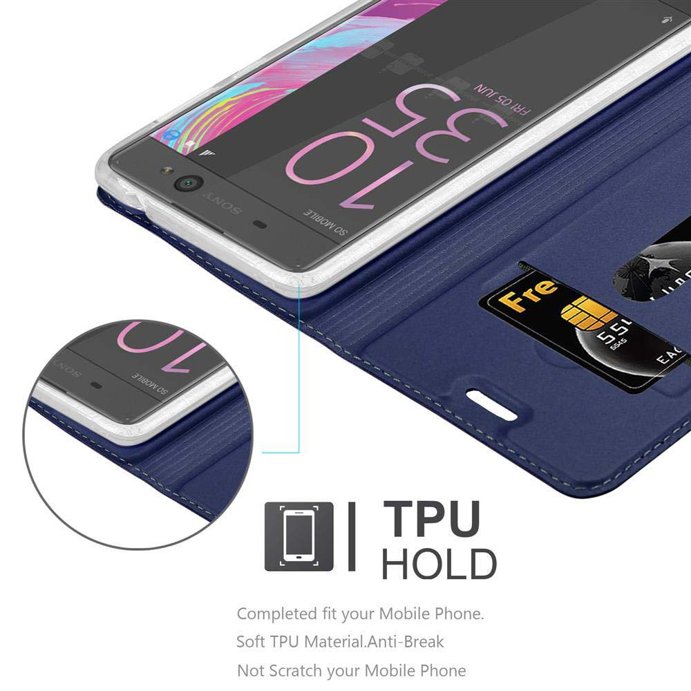 Custodia blu per telefono, aperta. Telefono all'interno, schermo acceso. Un segnale TPU HOLD è nell'angolo. Sfondo bianco.