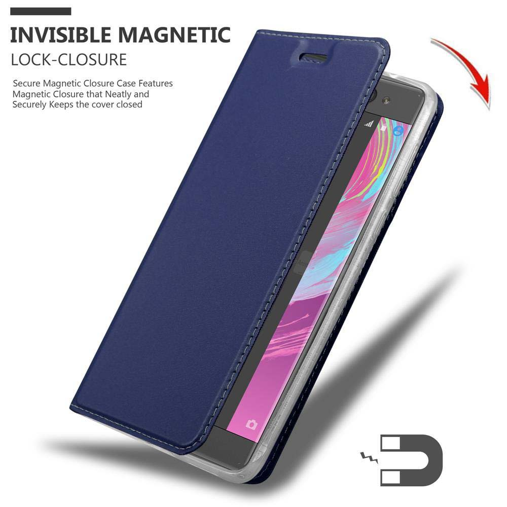Una custodia blu per telefono con chiusura magnetica. Lo schermo del telefono è visibile.
