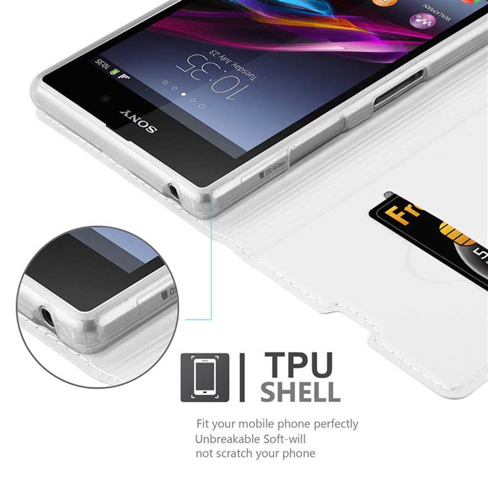 Telefono Sony in custodia bianca, che mostra la scheda micro SD e il dettaglio della custodia.
