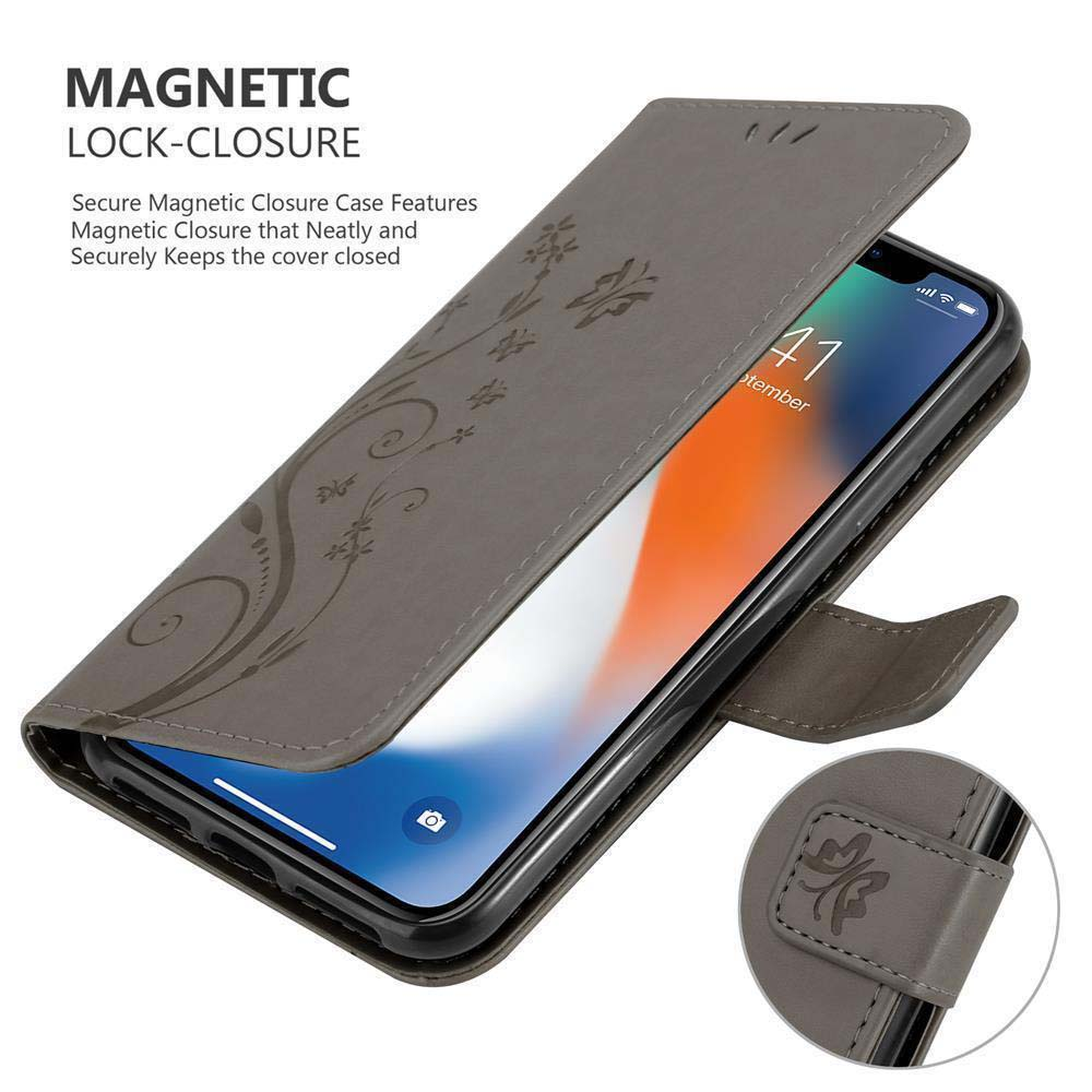Custodia grigia con telefono. Chiusura magnetica con design floreale.