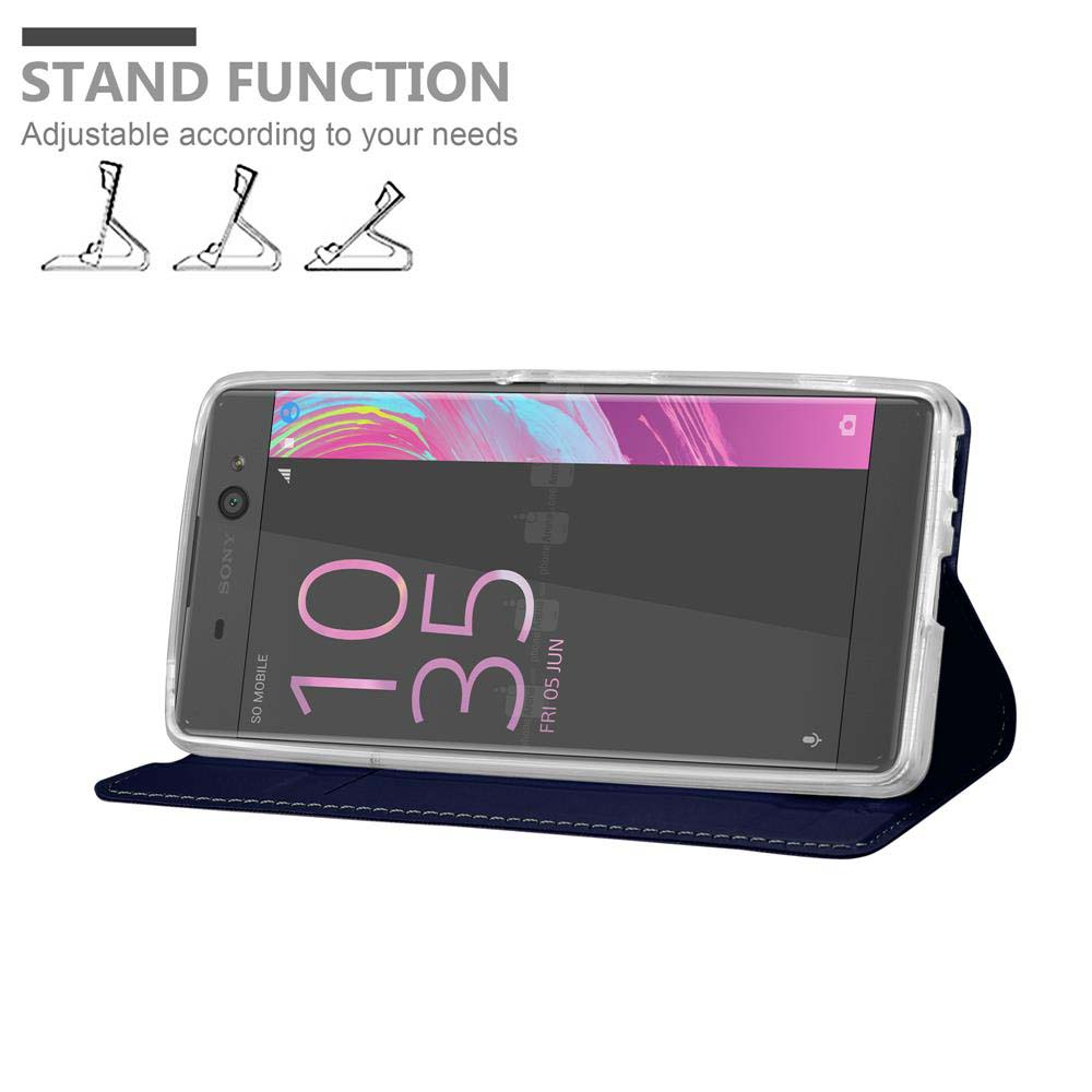 Un telefono in una custodia blu, con le parole 'Stand Function'.