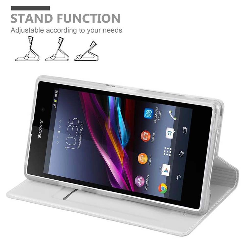 Smartphone con custodia bianca, schermo acceso, che mostra le app. Icone della funzione stand sopra. Sfondo bianco.