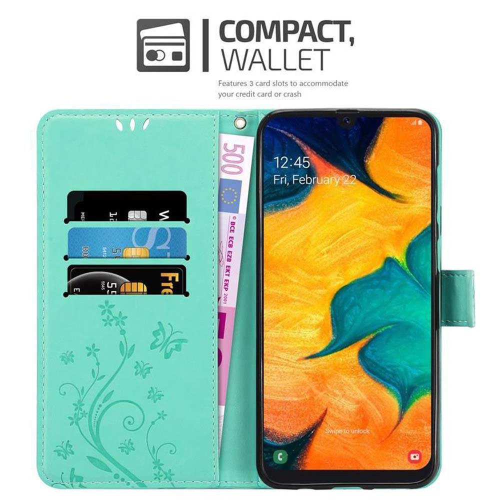 Custodia per telefono verde acqua con uno smartphone all'interno. Testo: Compatto, Portafoglio. Sfondo: Bianco.