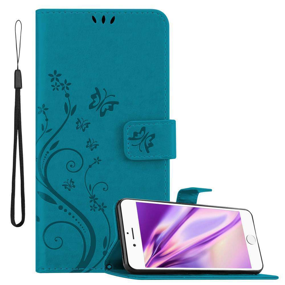 Türkisfarbene Handyhülle mit Schmetterlingsdesign. Ein Telefon ist darin, zeigt lila Bildschirm.