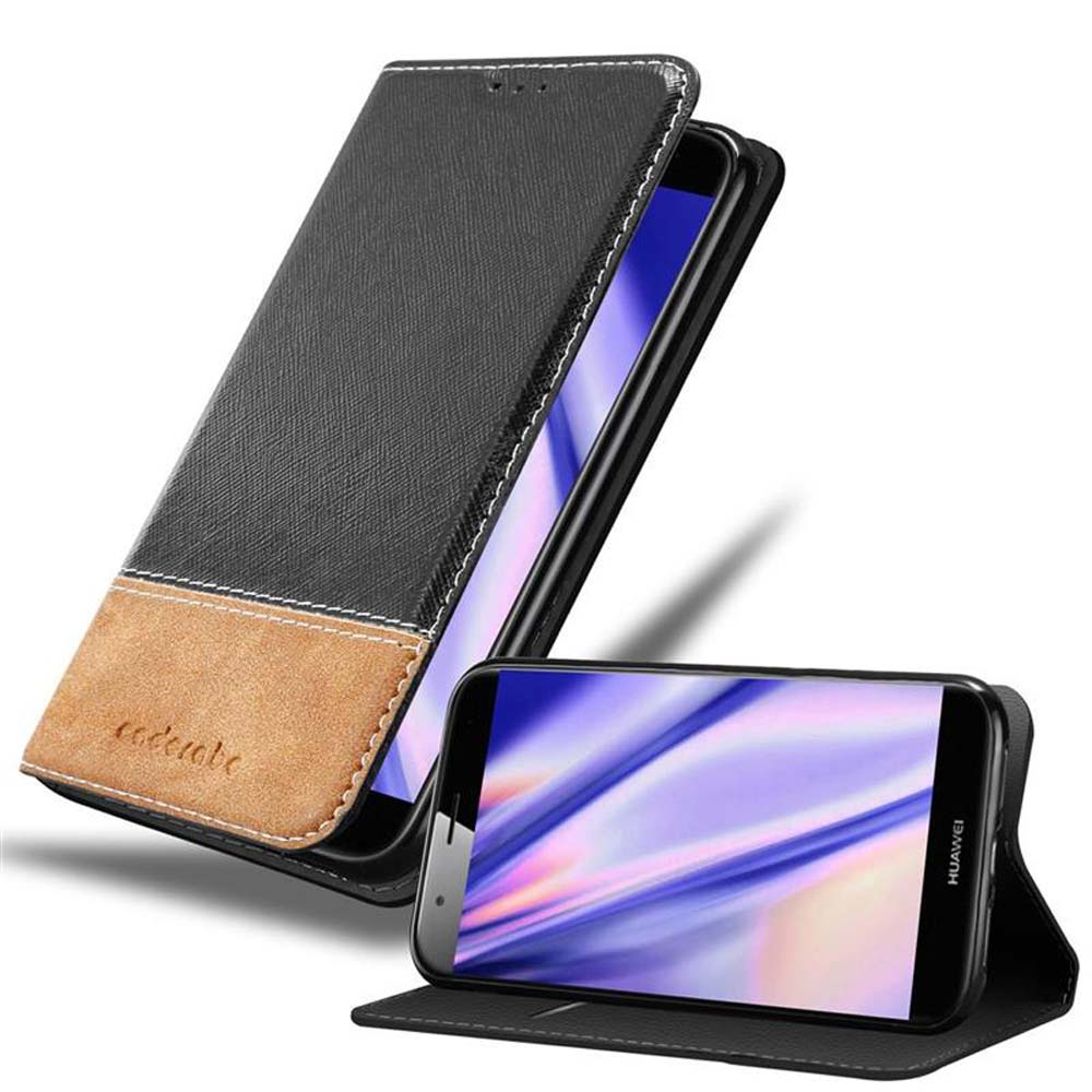 Funda de teléfono negra y marrón, abierta. El teléfono muestra una pantalla. Otro teléfono en la funda está sobre la mesa.