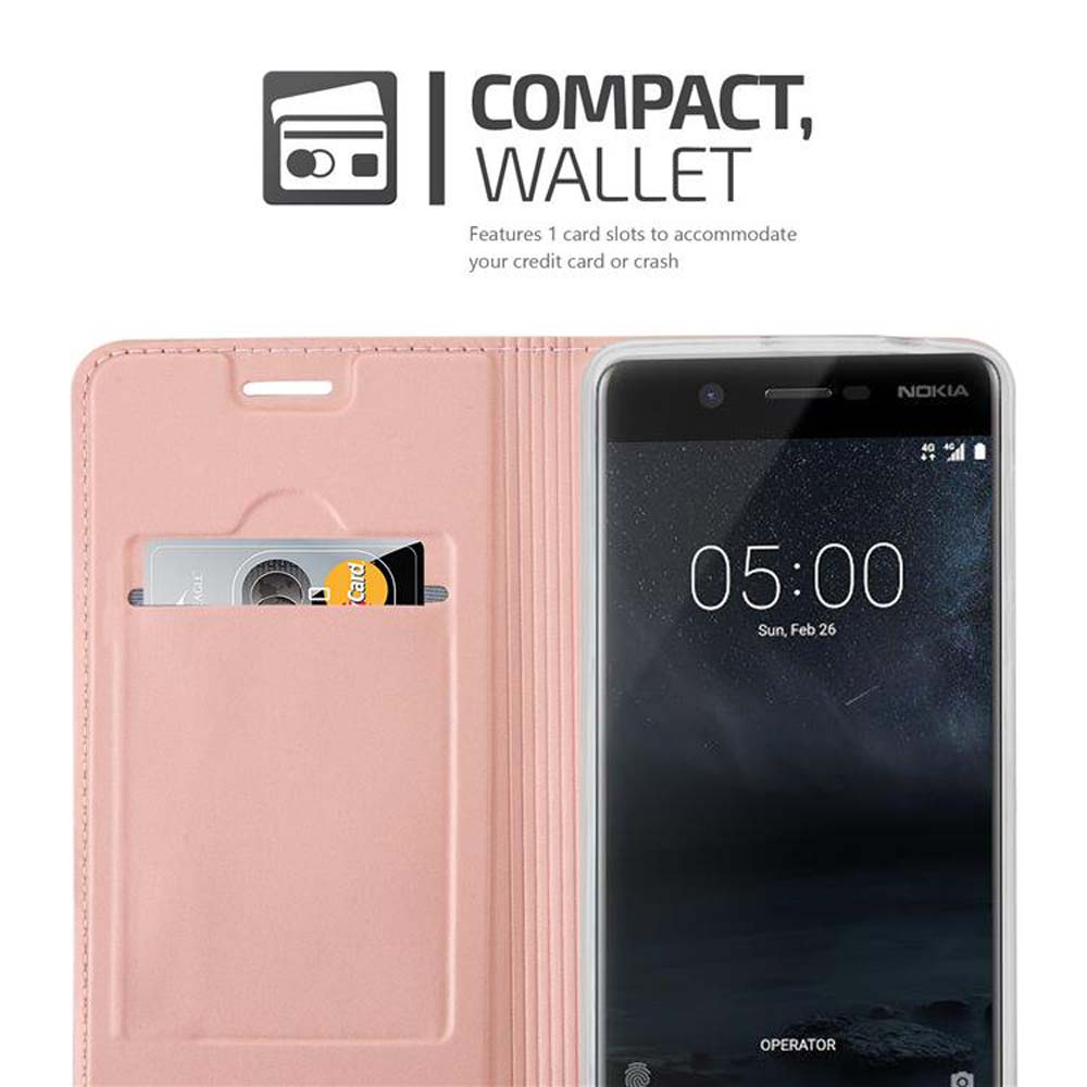 Una custodia per telefono rosa aperta, con un telefono e uno slot per schede visibili.