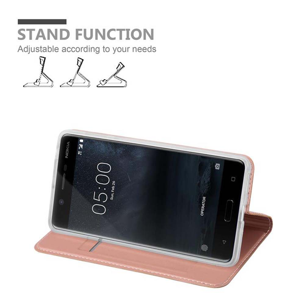 Telefono in custodia rosa, aperto come supporto. Testo: Funzione supporto.