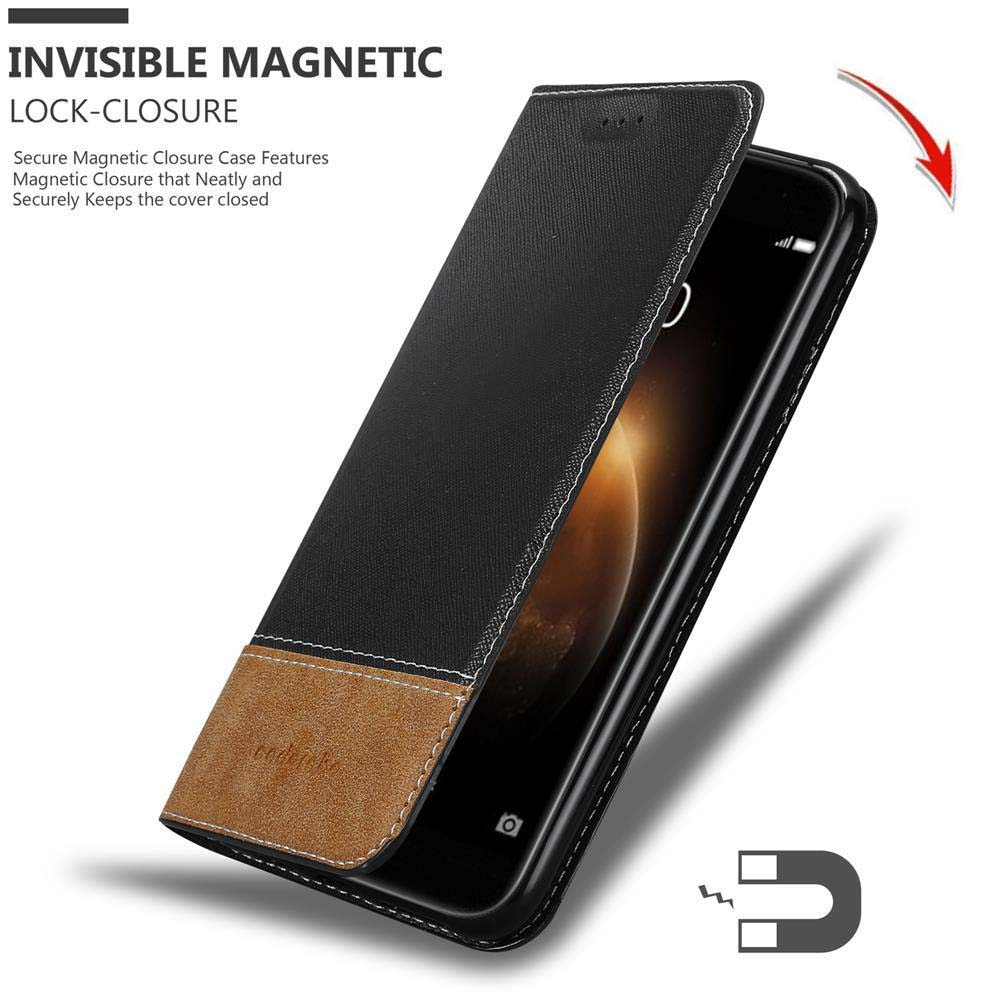 Una funda de teléfono en un diseño negro y marrón. Está abierta y muestra un teléfono dentro.