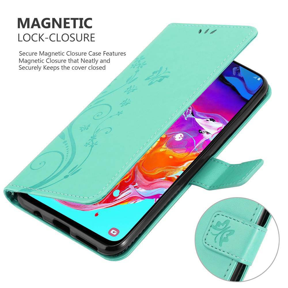 Custodia per telefono verde con telefono, design floreale e chiusura magnetica.
