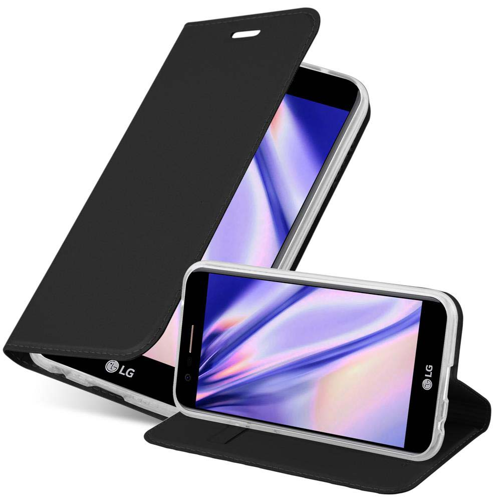 Custodia per telefono nera con un telefono LG. Il telefono è aperto. Il logo LG è visibile.