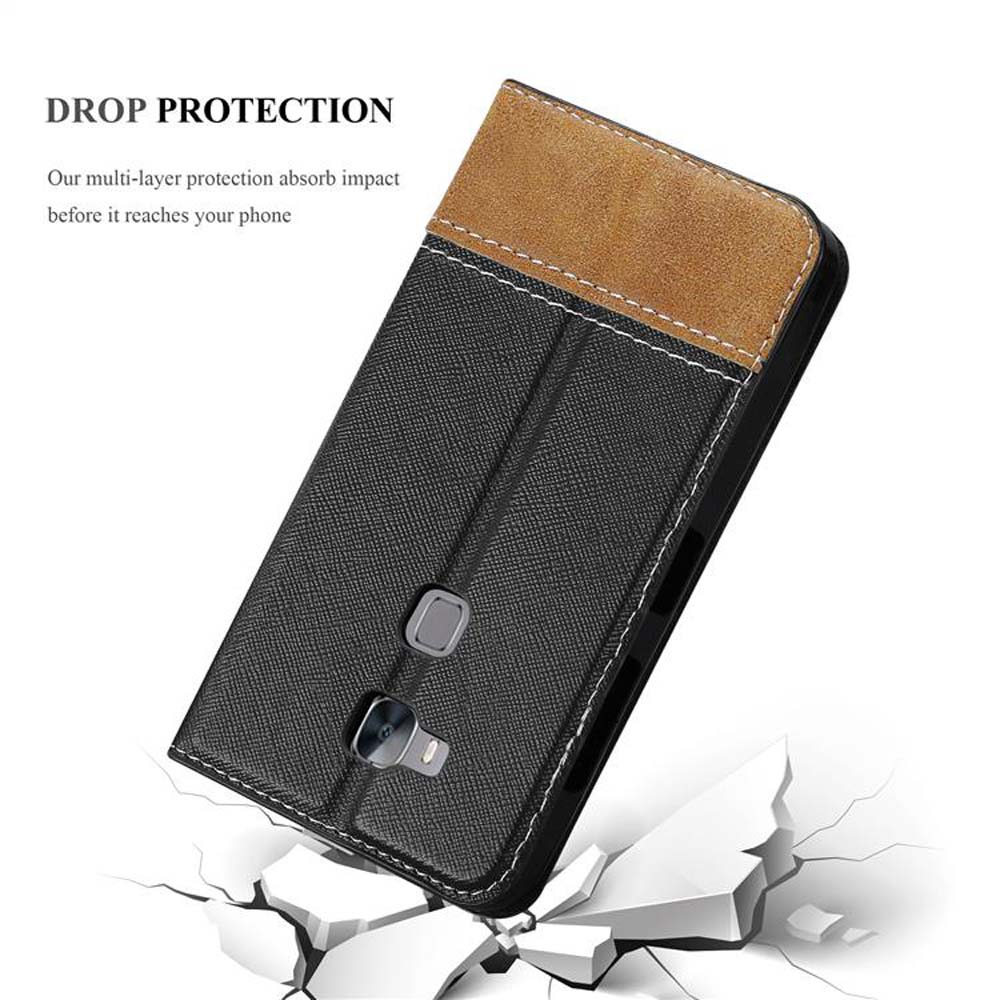 Funda para teléfono en negro y marrón. El teléfono se está cayendo y la funda ofrece protección contra caídas.