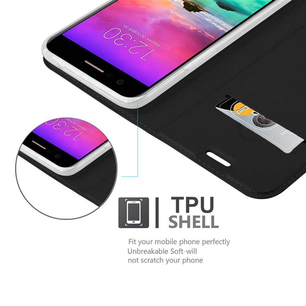 Telefono nero in una custodia nera. Bordo bianco attorno allo schermo. Testo della shell in TPU visibile.