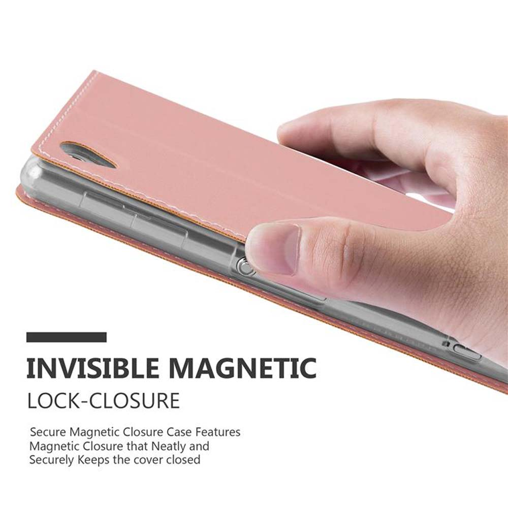 Una mano che tiene una custodia per telefono rosa, con le parole chiusura a blocco magnetico invisibile.