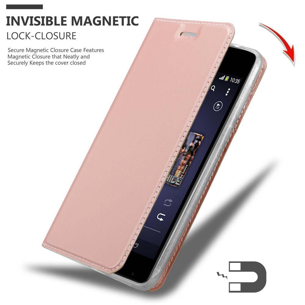 Funda de teléfono rosa que se abre para revelar un teléfono. El texto dice cierre de bloqueo magnético invisible.