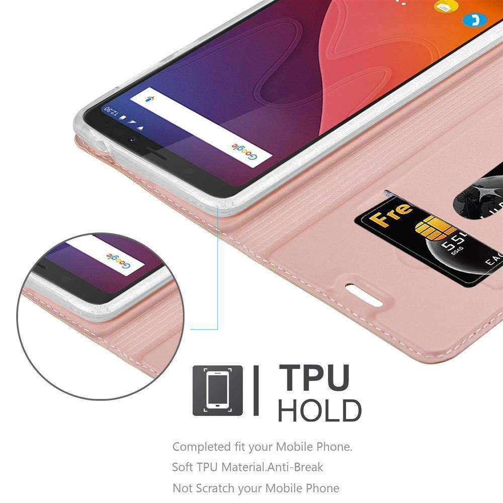 Telefono in custodia rosa con carta. Lo schermo mostra un'interfaccia. Supporto TPU.