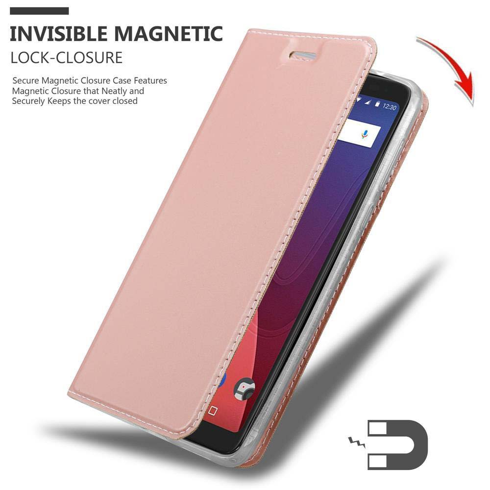 Custodia per telefono aperta con telefono all'interno. La custodia è rosa e ha una chiusura magnetica. Il telefono è acceso.