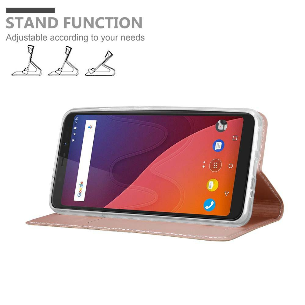 Telefono in custodia, in posizione stand. Testo: 'Stand Function'.