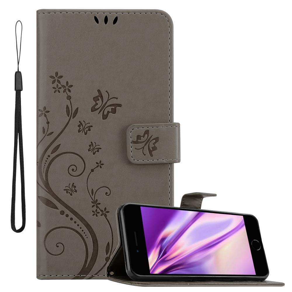 Graue Handyhülle mit Blumendesign und Handschlaufe. Telefon ist innen und offen. Weißer Hintergrund.