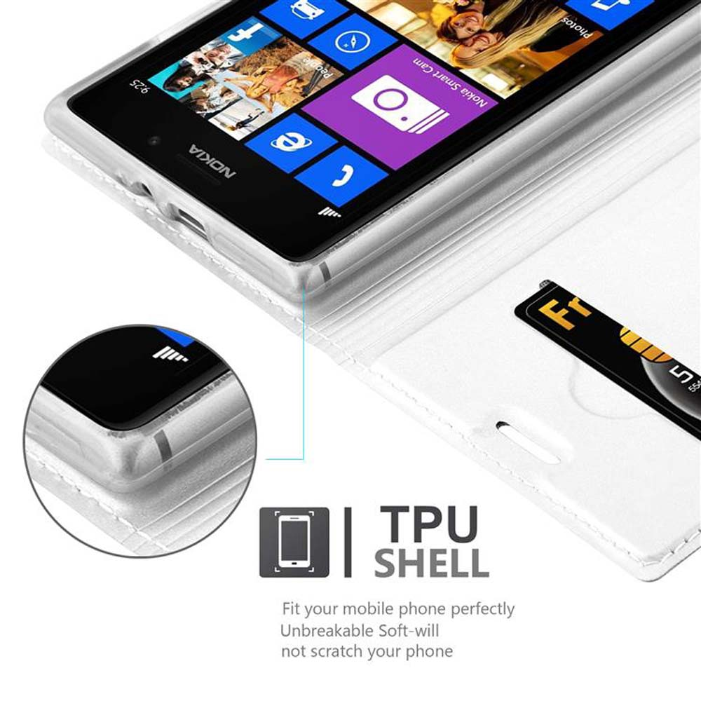 Téléphone avec étui ouvert. Texte : TPU Shell. Téléphone et carte à l'intérieur de l'étui. Étui blanc, téléphone noir.