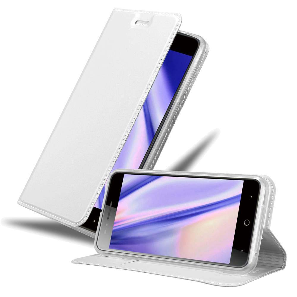 Funda de teléfono blanca, abierta, el teléfono está en la funda. Otro teléfono en la funda está sobre la mesa. Pantalla morada.