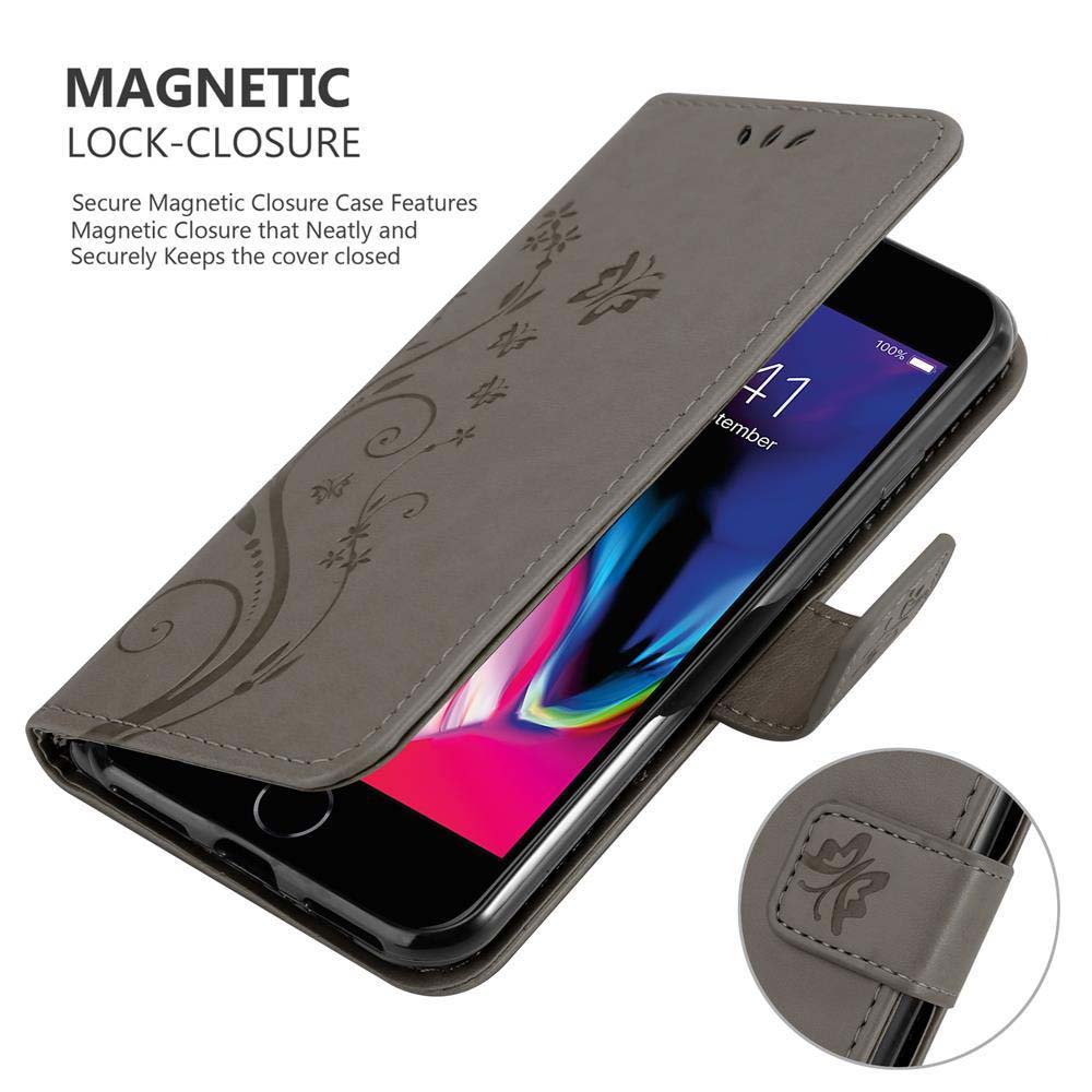 Telefon in einer grauen Handyhülle. Die Hülle ist offen. Das Telefon zeigt einen Bildschirm.