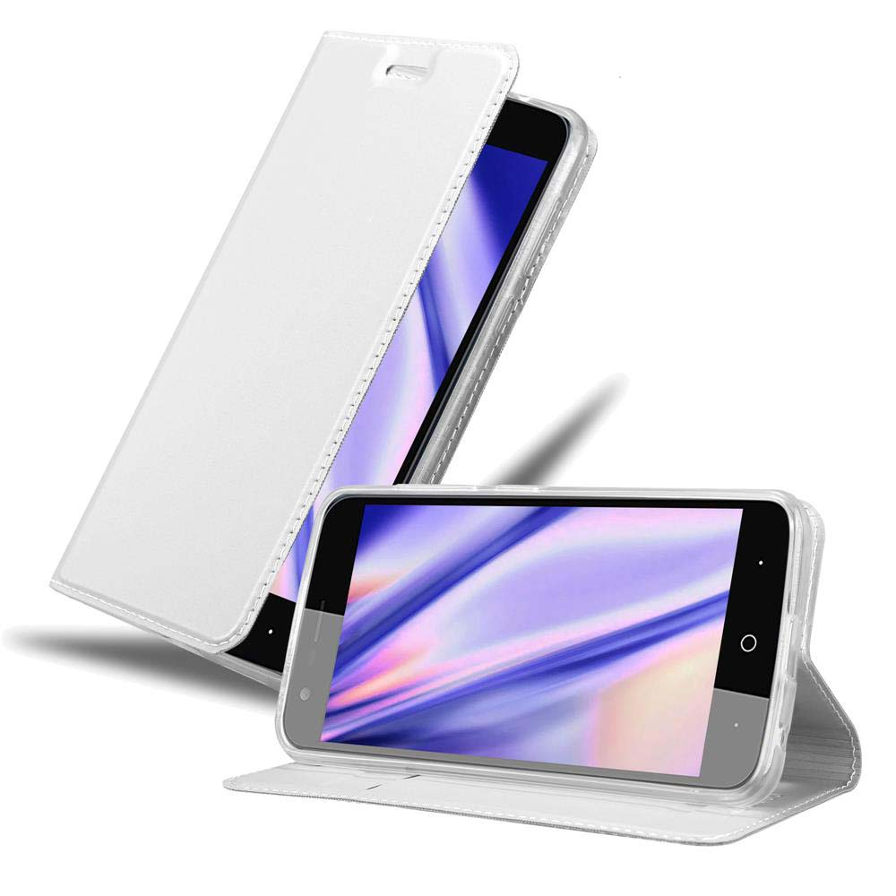 Teléfono blanco en una funda blanca. La funda está abierta, revelando la pantalla del teléfono.