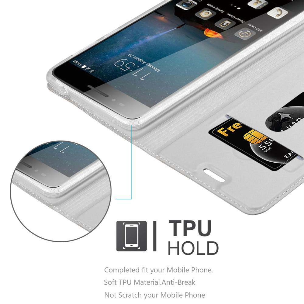 Un teléfono está en una funda con una tarjeta de crédito. El texto dice 'TPU HOLD' y menciona un ajuste perfecto y material suave.