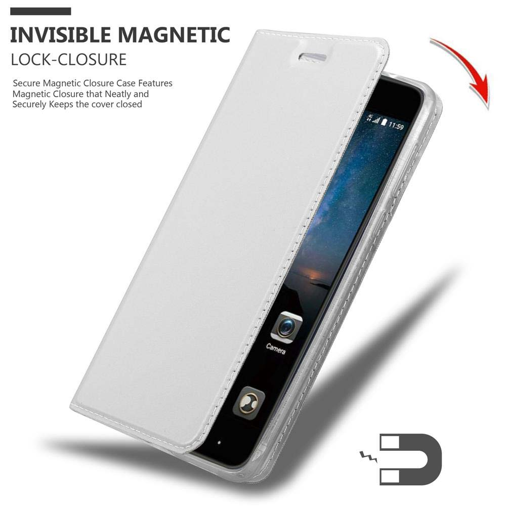 Una funda blanca para teléfono se abre para revelar un teléfono con una pantalla parcialmente visible.