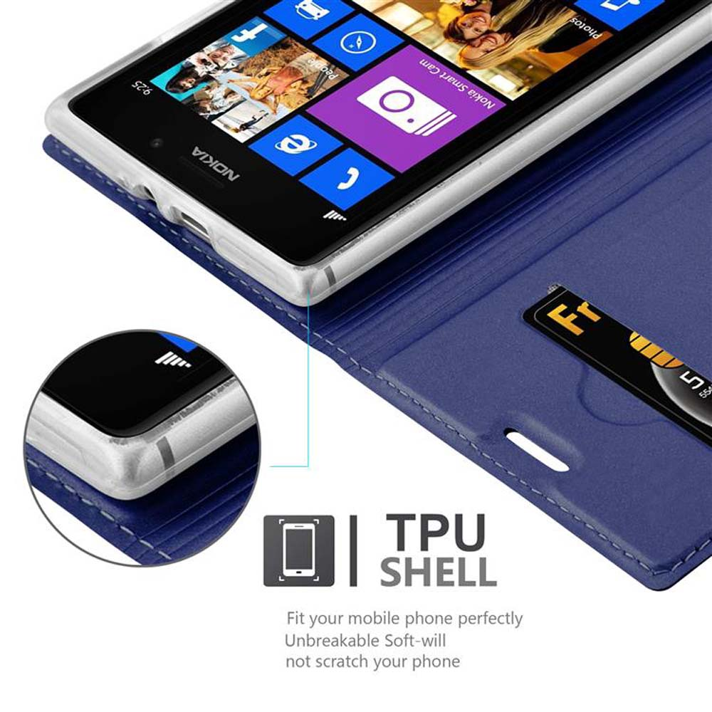 Un téléphone à l'intérieur d'un étui bleu. Un insert circulaire montre le bas du téléphone, avec l'étiquette TPU SHELL.