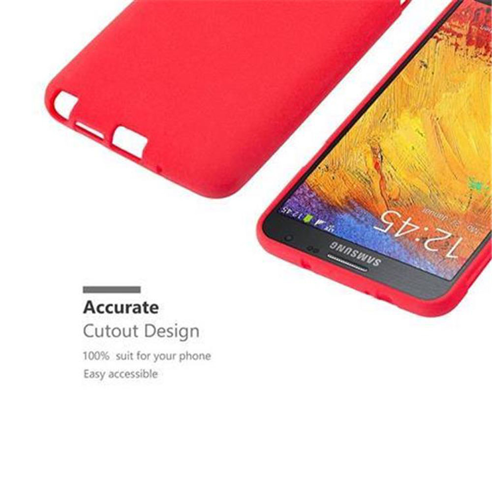 Una custodia rossa per telefono accanto a un telefono. Lo schermo del telefono è visibile, mostrando l'ora e la custodia del telefono.