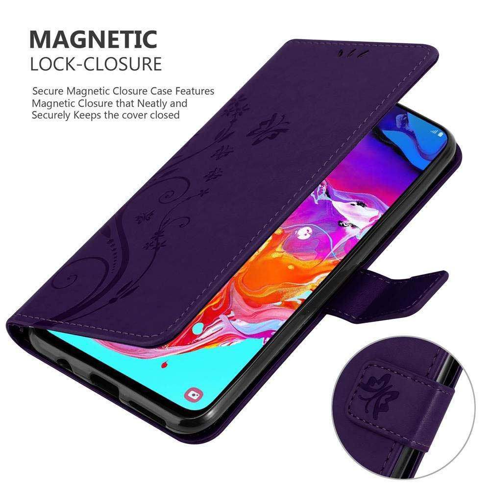 Custodia viola con design floreale e telefono dentro. Testo: CHIUSURA MAGNETICA. Caratteristiche mostrate.