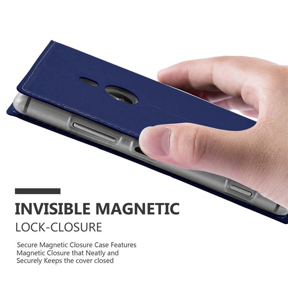 Une main tenant un étui de téléphone bleu. Texte : fermeture magnétique invisible. Fond blanc.