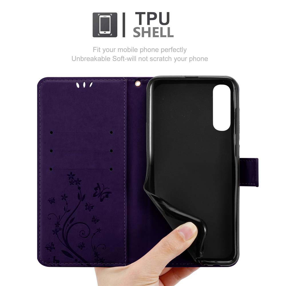 Mano che tiene un telefono in una custodia viola. Testo: Guscio in TPU, si adatta perfettamente, infrangibile.